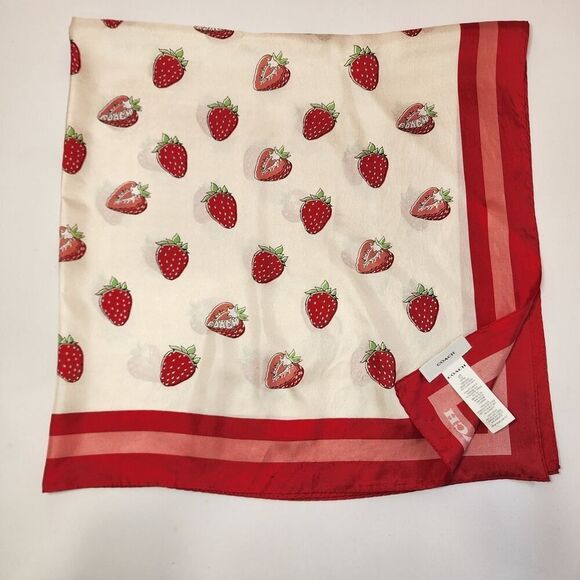 NWT Coach CAP58 Retro Strawberry Print Silk Square Scarf Chalk/Red CAP58 - Picture 4 of 4